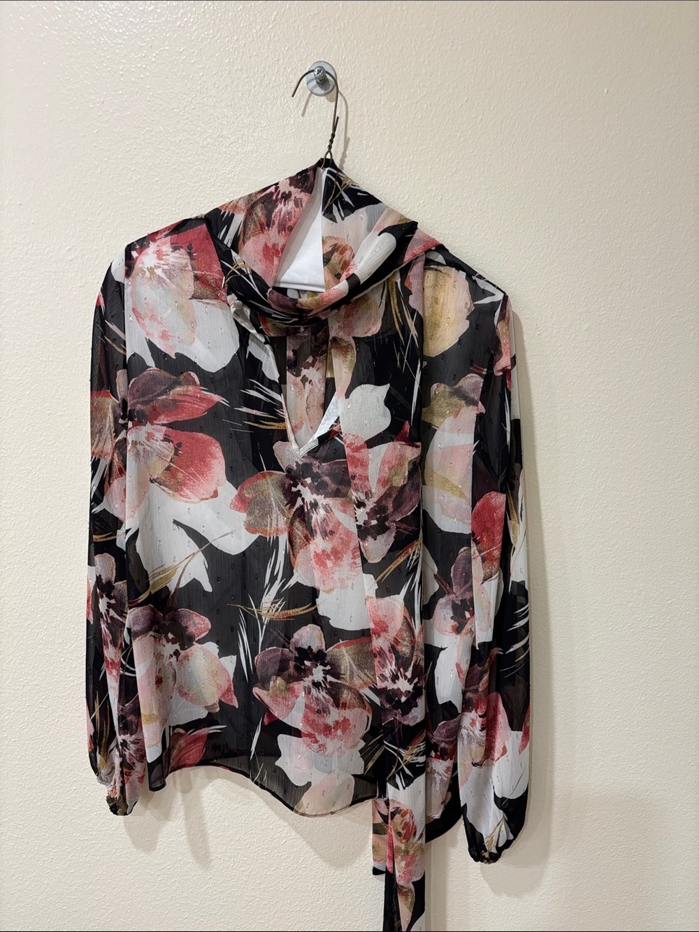 MISA Los Angeles Floral Sheer Long-Sleeve Blouse in Black and Pink